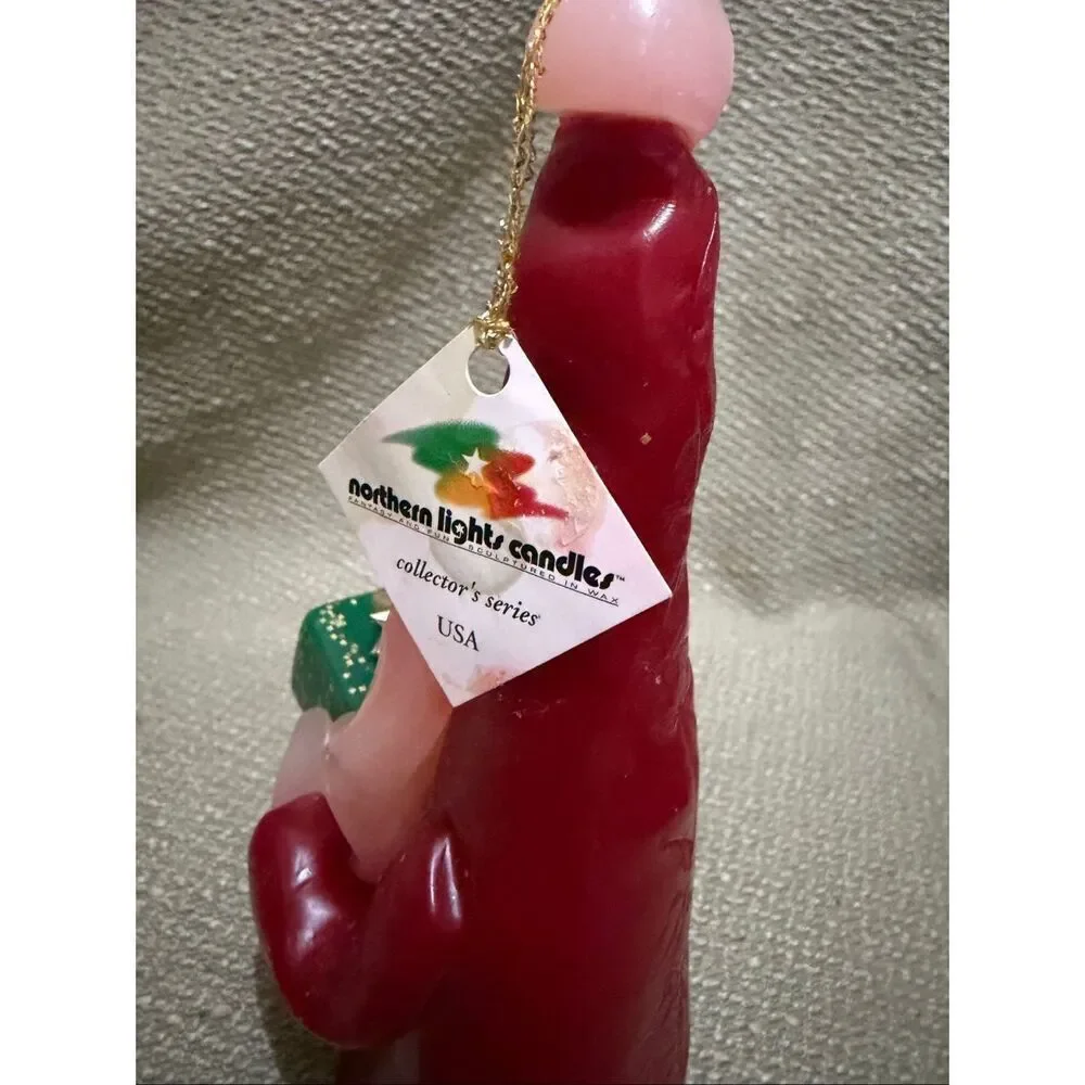 Vintage Northern Lights Candle Santa Gnome Holding Glitter Green Present Gift 7”